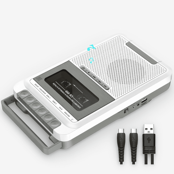 1 Portable Cassette Player Recorder with USB/SD Card Playback, Built-In Mic, 3.5mm Jack, Retractable Handle, White