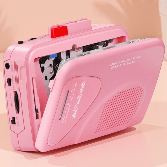 1 Portable Cassette Player with AM/FM Radio, Built-In , Recording Function, 3.5mm Earphone Jack, Pink