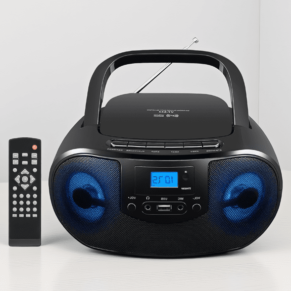 1 Portable Player Boombox, Top-Loading, FM Radio, Bluetooth 5.0, LED Light, Remote Control, USB, Black
