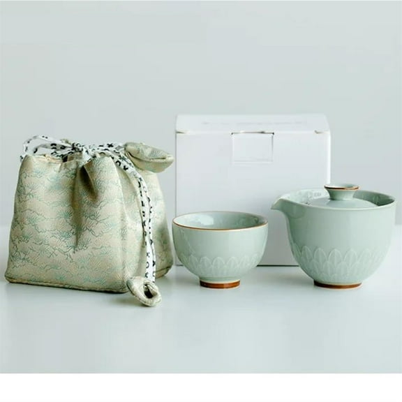 1 Pot 2 Cups Portable Outdoor Kung Fu Tea Set Quick Cup Embossed Lotus Petal Ceramic Travel Teaware Kit