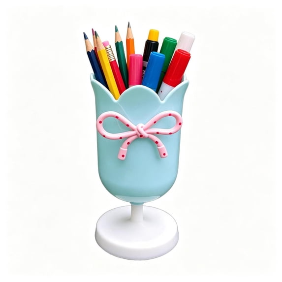 Under 1$ Product! Blue Tulip Shaped Plastic Pen Holder with Pink Polka Dot Bow Decor, Cute Desktop Pencil Cup Organizer for Pens Makeup Brushes & Office Supplies, Stable Base Desk Organizer