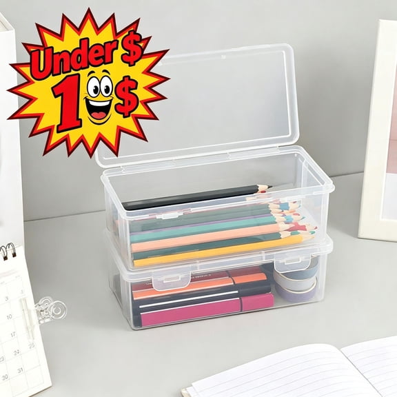 Under 1$ Product Clear Durable Plastic Pencil Box, Stackable Storage Container with Lid, Portable Organizer for Pens, Pencils, Office Supplies, Art & Craft Supplies, Home Desktop Organization