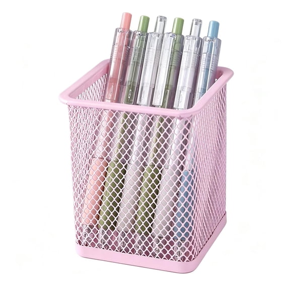 Under 1$ Product! Pink Square Metal Mesh Pen Holder, Desk Organizer with Rolled Edge, Durable Multifunctional Storage Cup for Stationery, Scissors & Office Supplies
