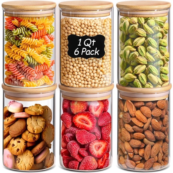 1 Qt Glass Storage Containers with Lids, Glass Jars with Lids, Clear Food Storage Jar, Round Canister Set of 6, Pantry Organizers for Cookie Pasta Flour Rice Tea Coffee Bean