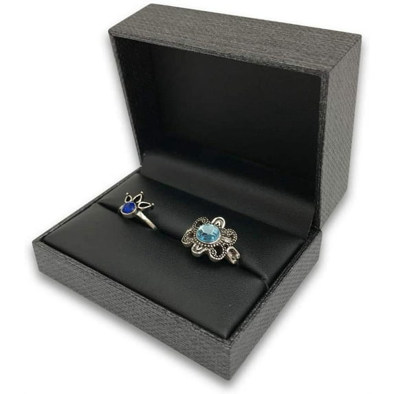 1 Qty - Charcoal Grey Mesh Double Ring Jewelry Box w/ Black Leatherette Interior and Inset Top