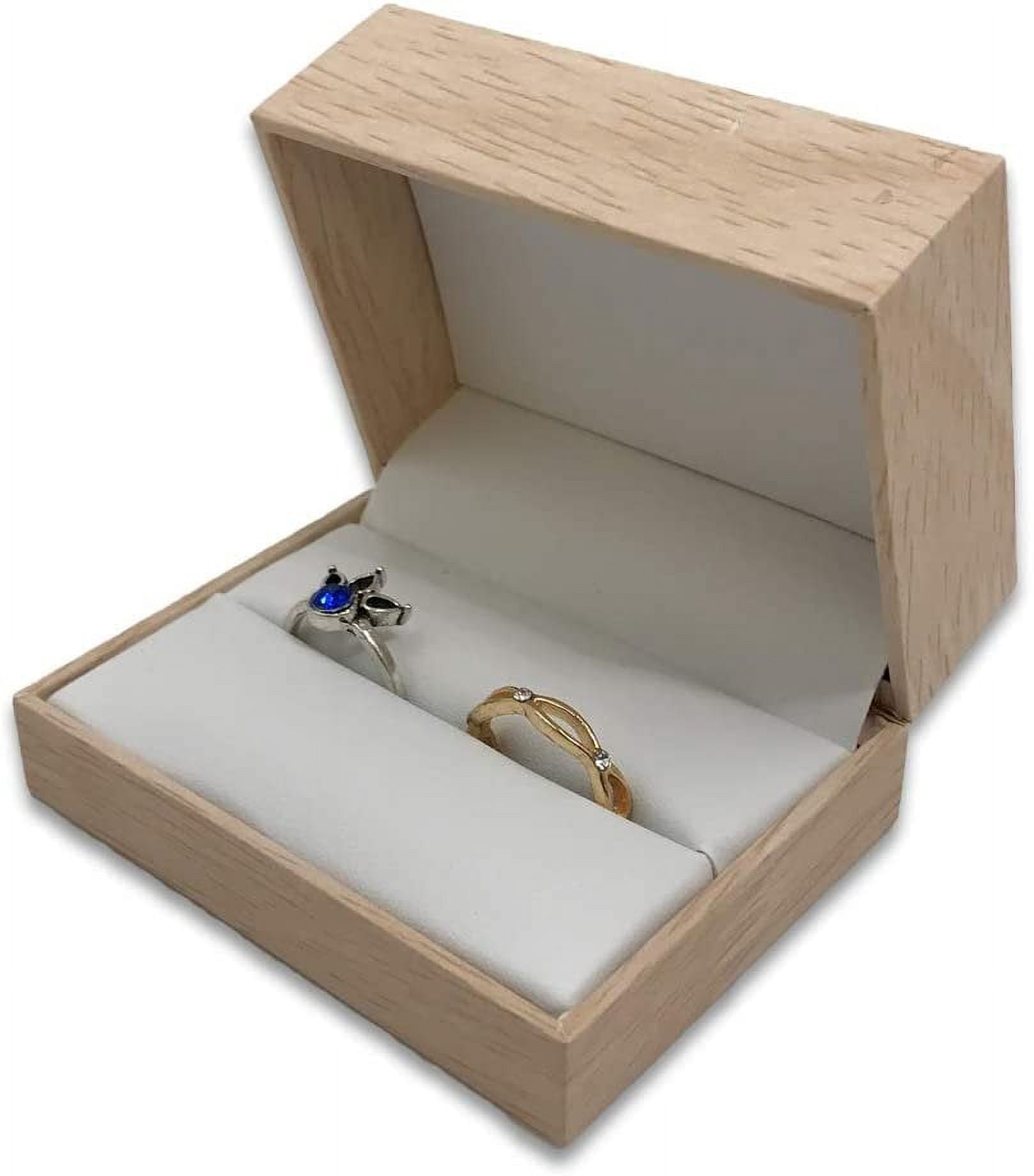 1 Qty - Natural Wood Double Ring Jewelry Box w/ Burlap Inset Top and ...