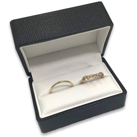 1 Qty - Premium Midnight-Black Textured Double-Ring Jewelry Box w/ matching Ribbon Gift Packer included