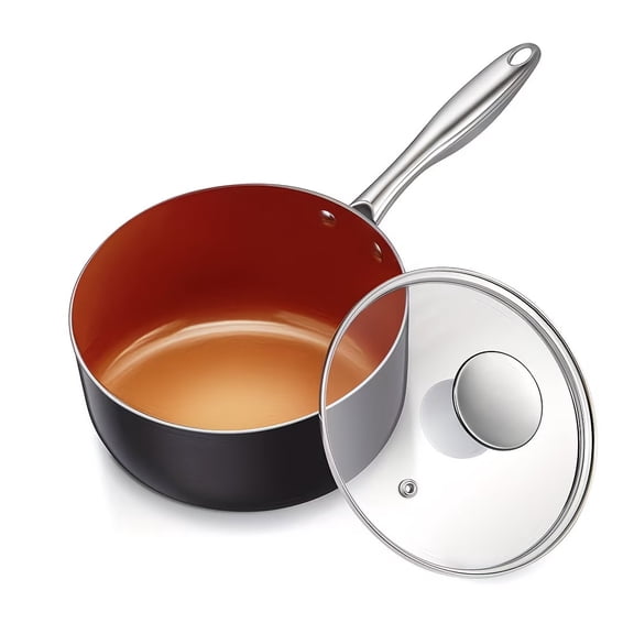 1 Quart Nonstick Ceramic Saucepan with Lid, Copper Small Pot for Sauces