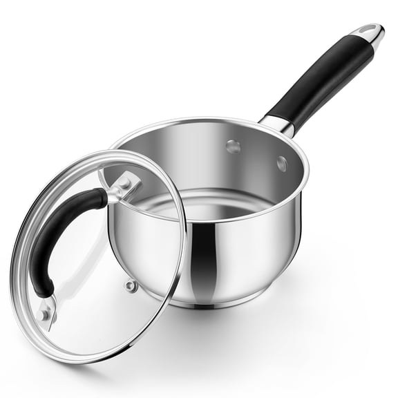 1 Quart Sauce Pan with Lid, Stainless Steel Saucepan, Small Milk Pot for Multipurpose Cooking, Visible Glass Lid & Stay-cool Silicone Handle & Tri-Ply Base, For All Stoves & Dishwasher Use