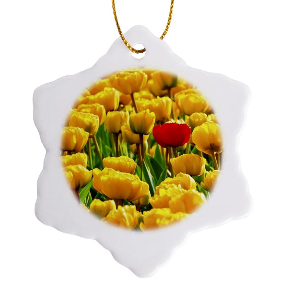 3drose, 1 Red Among Yellow Tulips, 3 inch Snowflake Porcelain Ornament