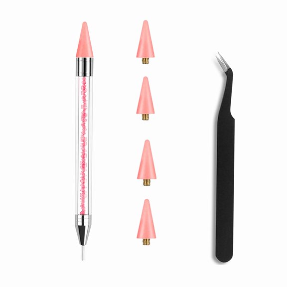 1 Rhinestone Applicator Tool - Acrylic Handle Dual-Ended Wax Pen DIY Nail Art Tool with 4 Extra Wax Tips 1 Tweezer (Pink)