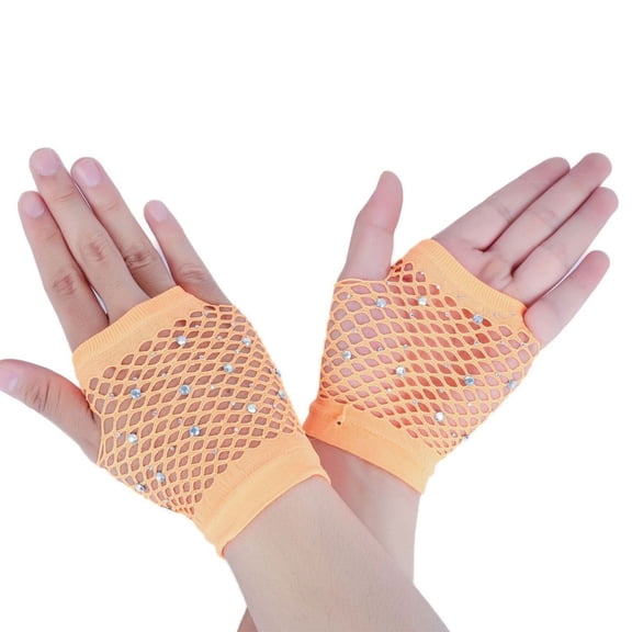 1. Rhinestone-Embellished Mesh Gloves Half Finger Design Breathable Nylon for Party Nightclub Dance
