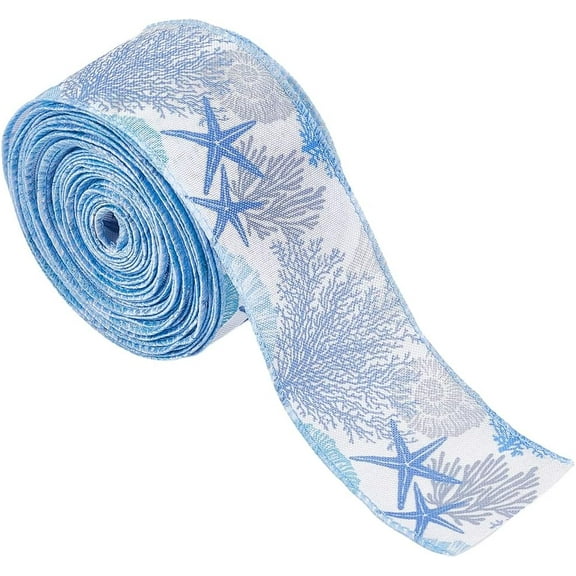 1 Roll 10 Yard Blue Wired Edge Ribbon Summer Coral Starfish Craft Ribbon 2.5 Inch Width Ocean Sea Grosgrain Fabric Craft Ribbon for Wreath Bow Making DIY Crafts Wrapping Party Decor