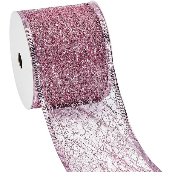 1 Roll 10 Yards 2.5" Glitter Mesh Wired Ribbon Pink Sparkling Metallic Mesh Ribbon Sequins Wired Edge Tulle Roll Spool Net for Gift Wrapping Bows Wedding Christmas Home Decor Wreath Tree Crafts