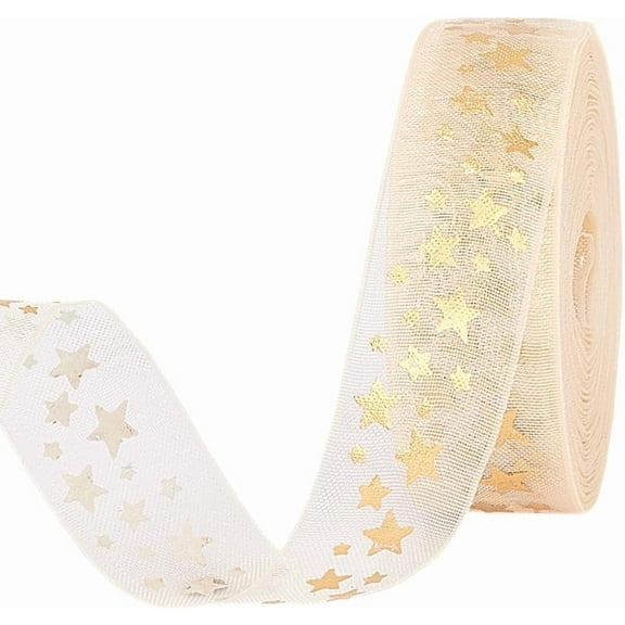 1 Roll 10 Yards Hot Stamping Star Chiffon Ribbon Polyester Wired Trim Organza Ribbon Sheer Chiffon Ribbon Organza Satin Webbing Craft Ribbon for Gift Wrappping Decoration for diy Star