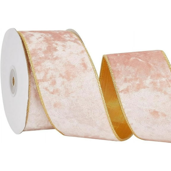 1 Roll 10 Yards Pink Velvet Wired Ribbon with Gold Edged Polyester Back Single Face Sewing Fabric Trim Bundle Rolls Vintage Ribbons for Sewing Making Christmas Ornament Wedding Decor DIY Craft