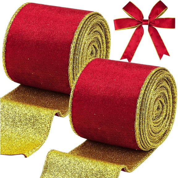 1 Roll 10 Yards Red Velvet Wired Ribbon Christmas Gold Metallic Glitter Gift Wrapping Tree Decoration Bows Wreaths