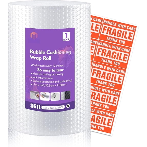 1 Roll 12" X 36' Perforated Nylon Bubble Packing Wrap for Moving Boxes Shipping Cushioning Supplies