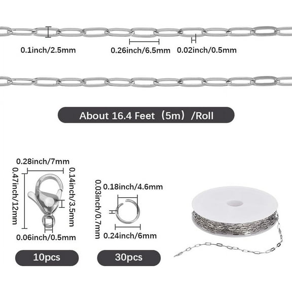 1 Roll 16.4 Feet/5M 6mm Paper Clip Chain Roll Silver Paperclip Chains Bulk Metal Stainless Steel Jump Ring Lobster Claw Cable Link Charms for Jewelry Making Charms Crafts Necklaces Bracelets
