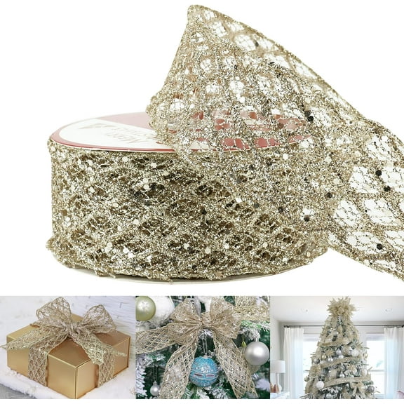 1 Roll 2.5 inch, Glitter Diamond Wire Edge, Christmas Ribbon for Holiday Tree, Bows Making, Wreath Supplies, Garland, Home Decor, Crafts - 10 Yards