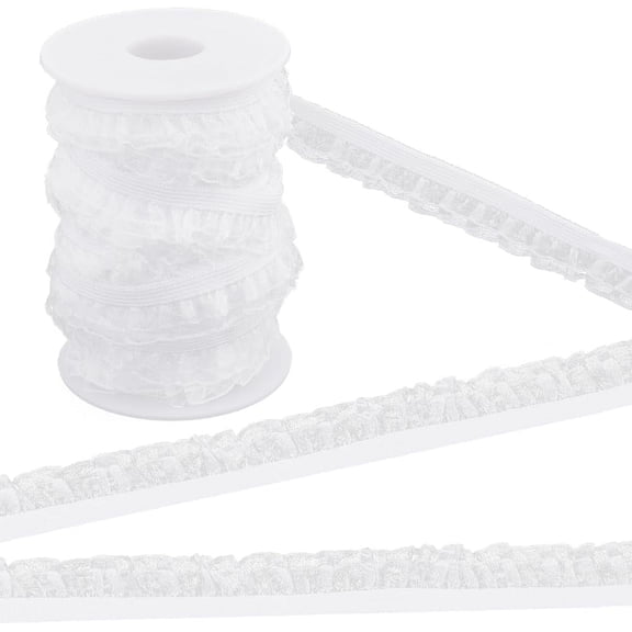 1 Roll 2-Layer Nylon Pleated Elastic Lace Trim Single Edge Fringe Trimming Stretchy Lace Ribbon For Sewing Decoration White 5/8 inch for Handmade