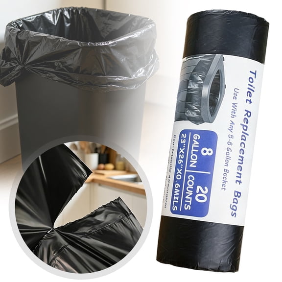 1 Roll 20 Count 8 Gallon Portable Toilet Liners, Thick Leakproof Black Disposable Bags for RV Travel, Camping and Bedside Commode