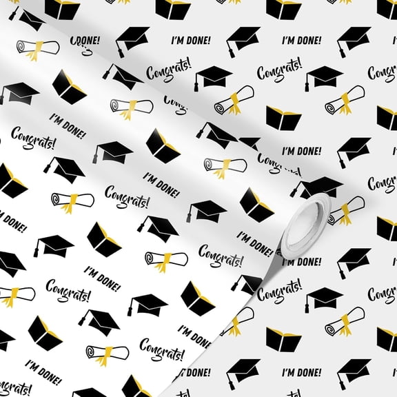 1 Roll 2026 Graduation Wrapping Paper Roll - Mini Roll - 17 In x 33 Ft - Graduate Cap Diploma Scroll Book Patterns Gift Wrap Paper for 2026 Graduation Party Supplies (Black)