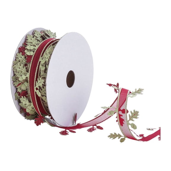 1 Roll 20M Christmas Decoration Ribbon Tape Side Leaf Shape Middle Mesh Style Band Ribbons for Christmas Tree Hanging Packaging Gifts Wrapping (Claret)