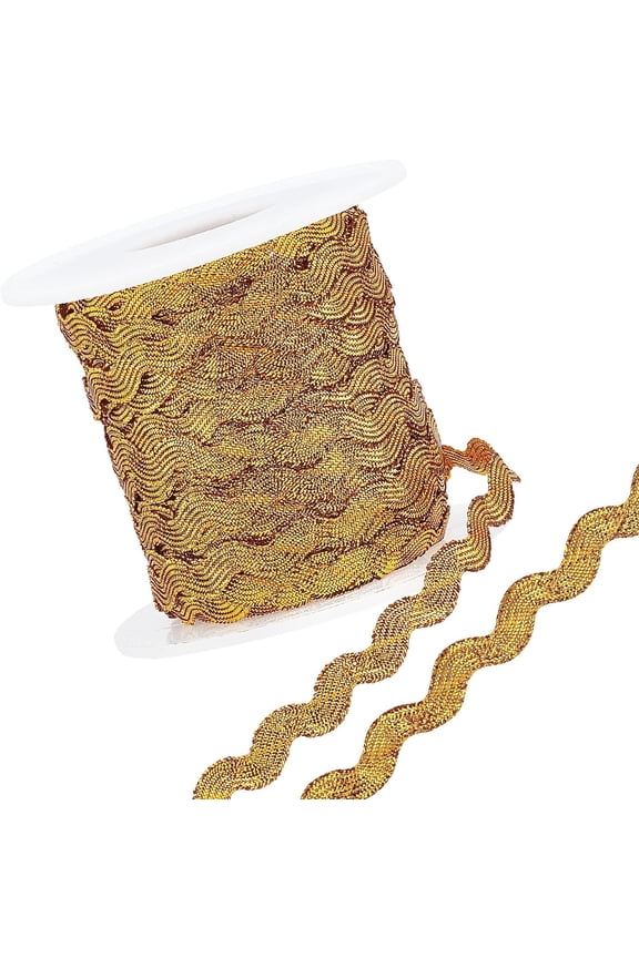 1 Roll 27yd/25m Glitter Gold RIC Rac Trim Ribbon Metallic Wave Sewing Bending Fringe Trim 5mm/0.2 inch for Sewing Flower Making Wedding Party Lace Ribbon Craft