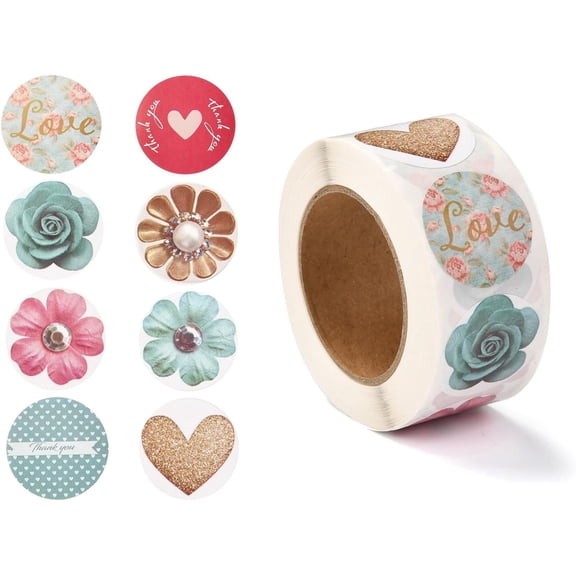 1 Roll 3D Flower & Heart Pattern Roll Stickers Self-Adhesive Paper Gift Tag Stickers for Party Decorative Presents Mixed Color 6.3x2.85cm