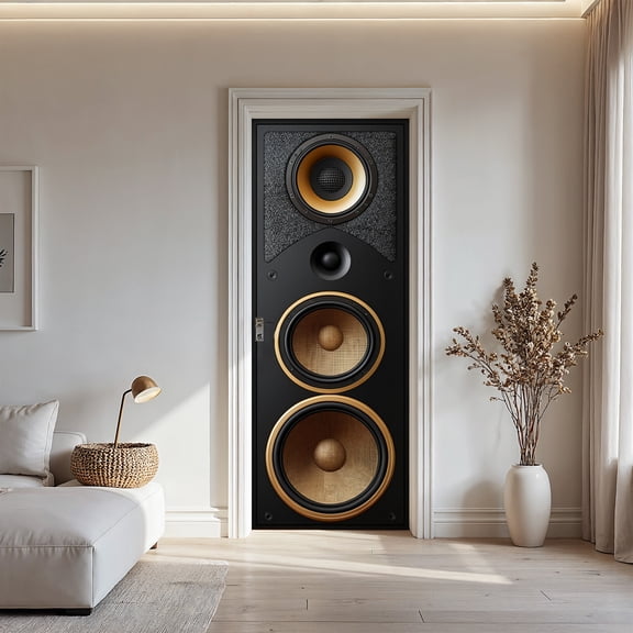 1 Roll 3D Self-Adhesive Waterproof PVC Soundproof Door & Wall Sticker - Peel & Stick Speaker Wallpaper with Retro Black/Golden Speaker Design, Irregular Shape Large Coverage (30.3"x78.7") for Home Th