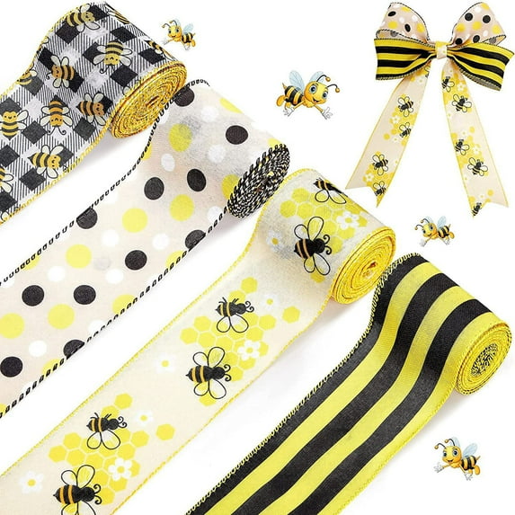 1 Roll 5 Yard Bumble Bee Fabric Burlap Ribbon Yellow Black Dots Plaid Strip Wired Edge Ribbon Summer Fabric Craft Decorative Ribbon for Gift Wrapping Birthday Party Decor Hair Bow Sewing