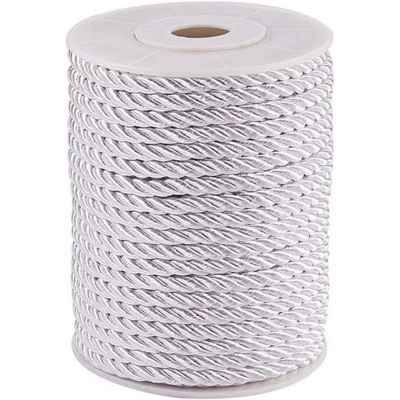 1 Roll 50 Feet Twisted Cord Rope Craft Nylon Rope 5mm 3 Strand Multipurpose Utility Cord Trim Choker Thread for Jewelry Making Knot Rosaries Upholstery Curtain Tieback Honor Cord - Silver