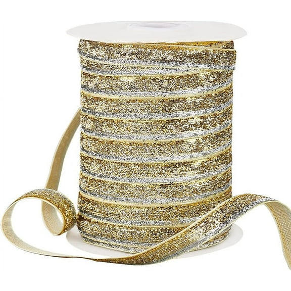 1 Roll 50 Yards Metallic Glitter Ribbon 3/8" (10mm) Golden Sparkle Ribbon Craft Sewing Trim Polyester Glitter Ribbon for Gift Warpping DIY Crafts Wedding Party Christmas Hair Bows
