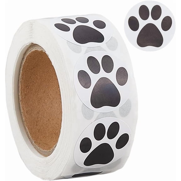 1 Roll 500Pcs Dog Paw Print Decals Black Bear Paw Sticker 1 Inch Small Round Paper Self-Adhesive Animal Pet Puppy Cat Decor Labels for Books Envelope Seal Gift Box Decoration Student Awards