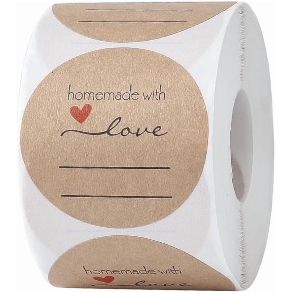 1 Roll 500Pcs Round Dot Self Adhesive Paper 50mm Brown Sticker Rolls Handmade with Love Thank You Printed Paper Labels for Thanksgiving Day