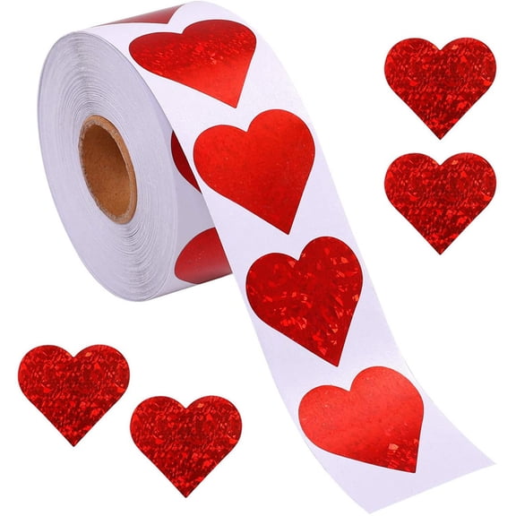 1 Roll of 500Pcs Valentines Glitter Red Heart Stickers, 1.5 Inch Large Red Heart Shaped Sticker, Self-Adhesive Love Decorative Sticker Labels for Valentine's Day Classroom Envelope Scrapbooking