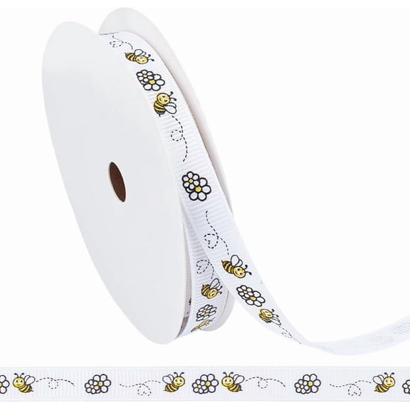 1 Roll 9.84 Yards 3/8 Inch White Yellow Thin Bee Themed Print Ribbon Spring Flower Printed Bees Floral Pattern Grosgrain Fabric Ribbons Bulk Roll