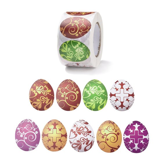 1 Roll 9 Patterns Easter Theme Self Adhesive Paper Sticker Rolls Egg-Shaped Sticker Labels Floral & Mixed Patterns 38x30x0.1mm 500pcs/roll