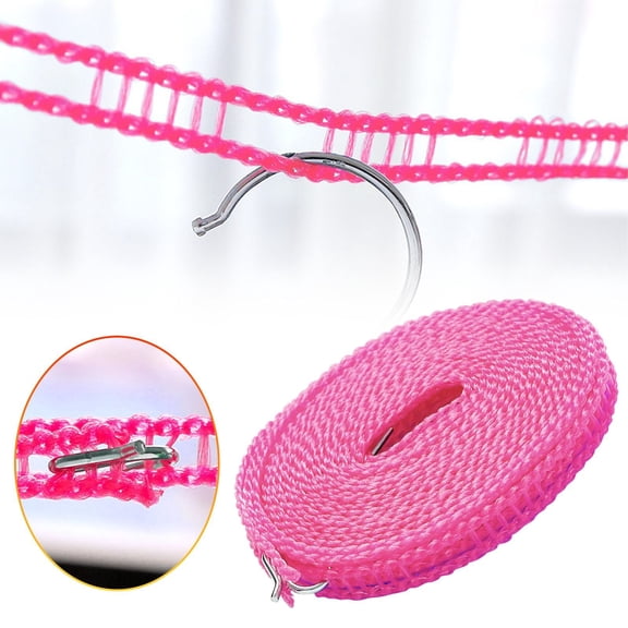 1 Roll Adjustable Portable Nylon Clothesline, 196 Inch Windproof Laundry Drying Rope with Hooks, Cordeles Para Colgar Ropa Mojada, Retractable Hanging Cord for Indoor Outdoor Camping Travel, Pink