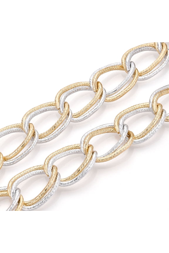 1 Roll Aluminium Double Curb Chains Textured Two Tone Unwelded with Spool Platinum & Light Gold 21x14x2mm about 32.81 Feet(10m)/Roll