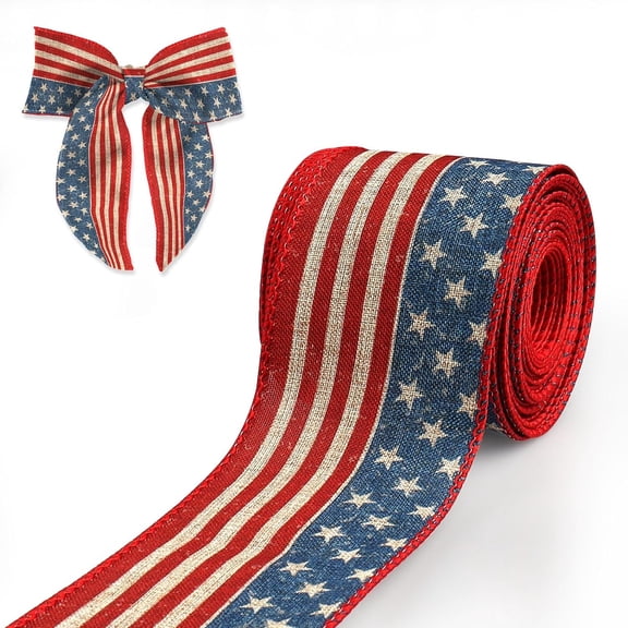 1 Roll American Flag Wired Ribbon for Wreath Bows Patriotic Burlap Decor Ribbon 2.5"x10Yds