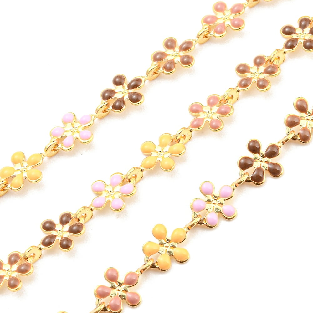 1 Roll Brass with Colorful Enamel Flower Link Chains Unwelded with ...