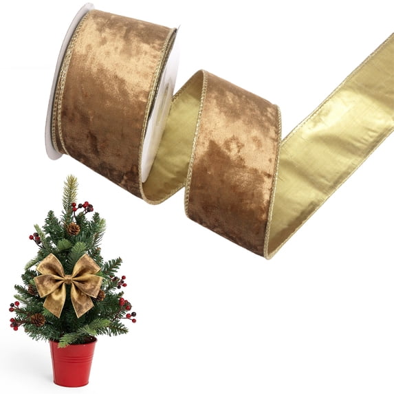 1 Roll Brown Velvet Ribbon with Gold Edge, 9 Meter Long Velvet Gift Ribbon for Christmas Wreath DIY Bow Making Holiday Party Craft Decor, Clearance Brown
