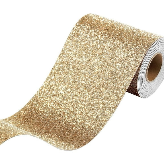 1 Roll Bulletin Board Decorative Border,Self Adhesive Wall Border,Gold Glitter Wallpaper Border,Removable Straight Border Stickers,Sparkle Sequins Fabric Contact Paper,4"x 120" By Scheam