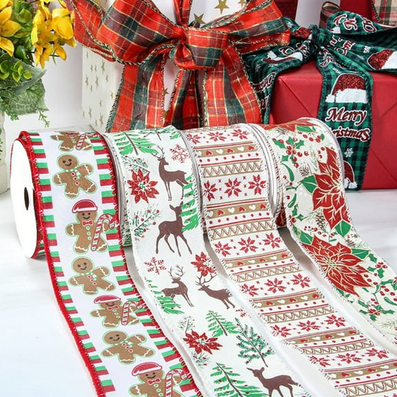 1 Roll Christmas Pink Ribbons Wired Edge Wrapping Ribbons Thin Reindeer Christmas Tree Burlap Ribbon Tartan Ribbon for Christmas Tree Decor DIY Craft, 30Ft* 2.48Inch in Total
