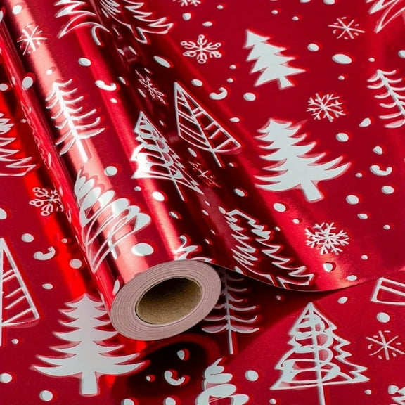 1 Roll Christmas Red Wrapping Paper 17 In X 33 Ft Luxury Metallic Shiny Red Christmas Tree and Snow Foil Roll Winter HolidayGift