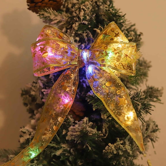 1 Roll Christmas Ribbon Lights - 16.4ft Gold Ribbon with Colorful Lights, 2 Modes Battery Powered Double Layer Copper Wire Bows Fairy Strings for Christmas Weddings, New Year Decor