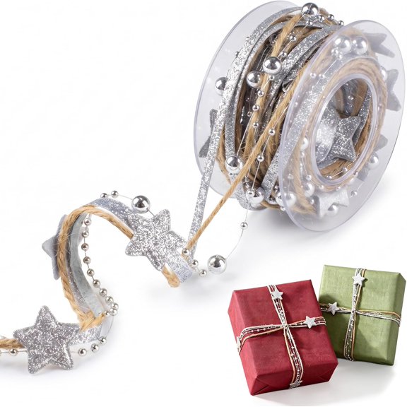 1 Roll Christmas Star Ribbon Glitter Star Bead Garland Ribbon Jute Silver Cord 5 Yards