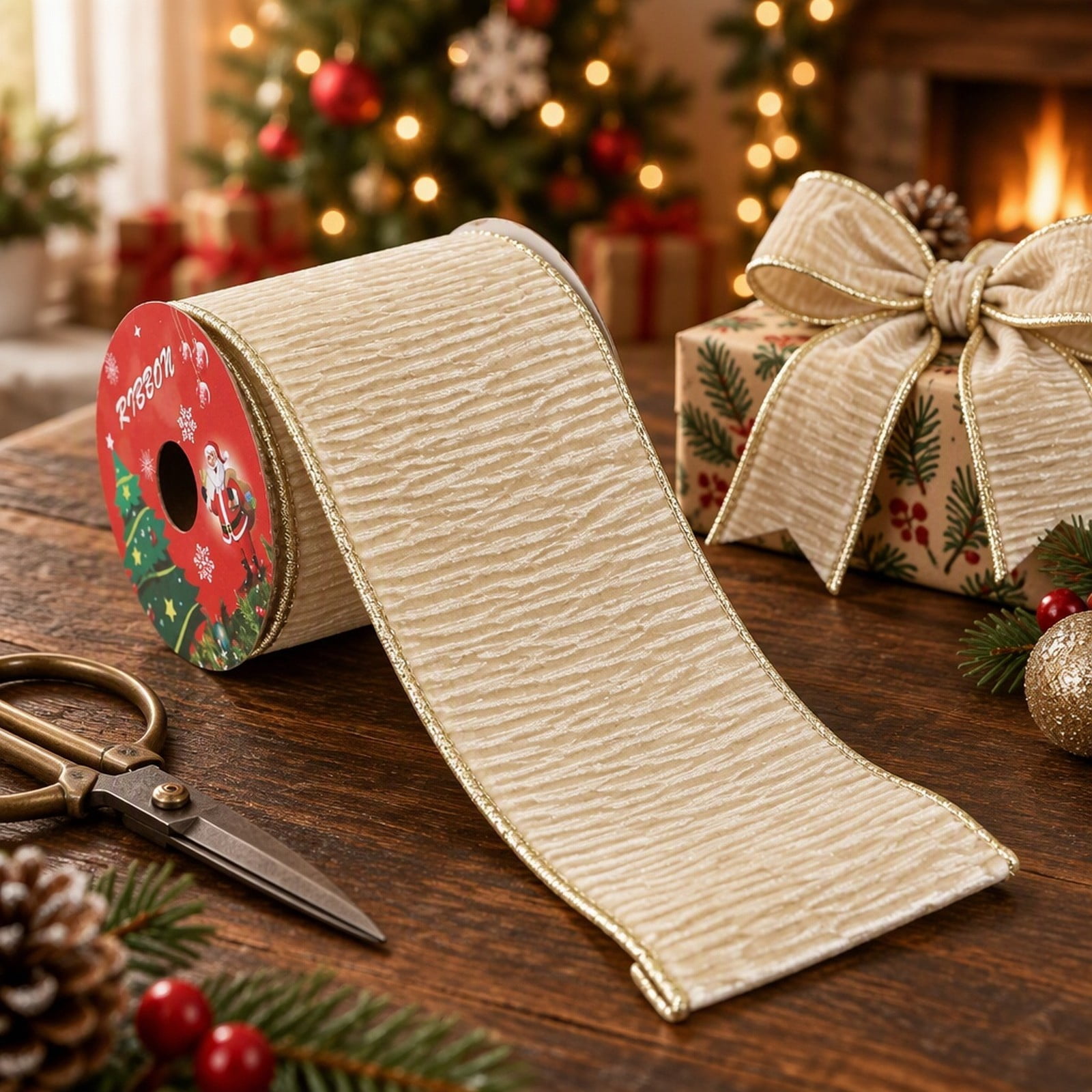 1 Roll Christmas Tree Ribbon - Glitter Wired Ribbons for Tree, Crafts ...